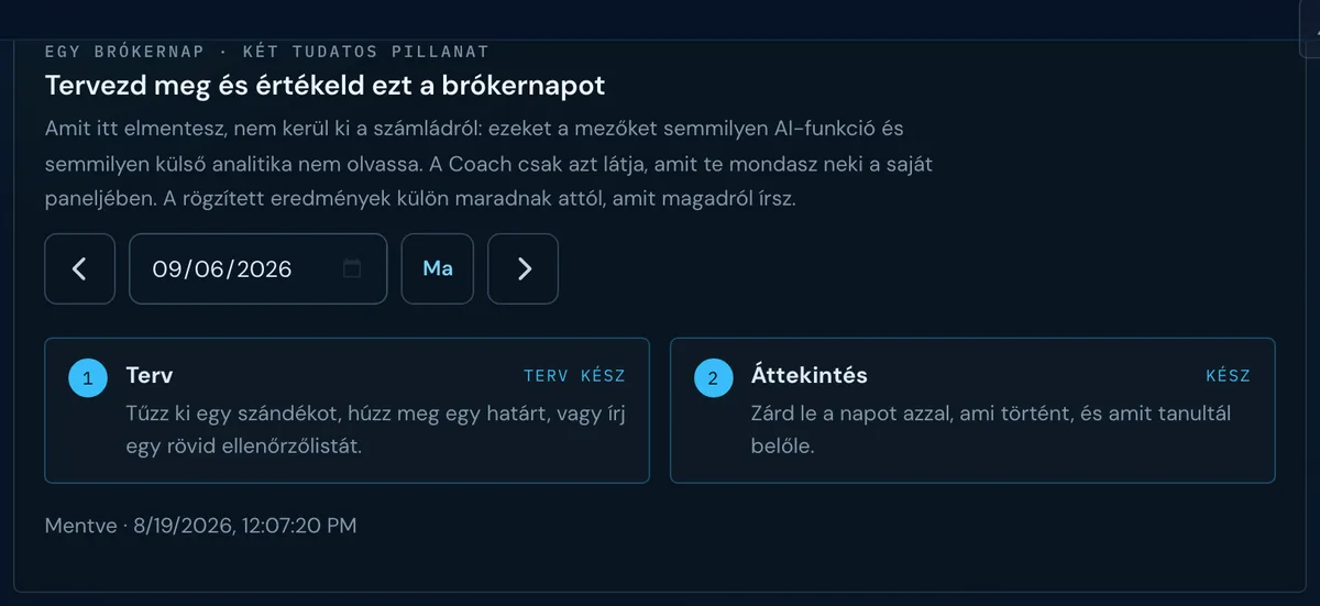 Az Edge Pilot napi brókernap felülete: terv és áttekintés kártyák egy kereskedési naphoz.