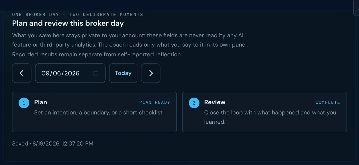 The Edge Pilot daily broker-day screen: plan and review cards for one trading day.